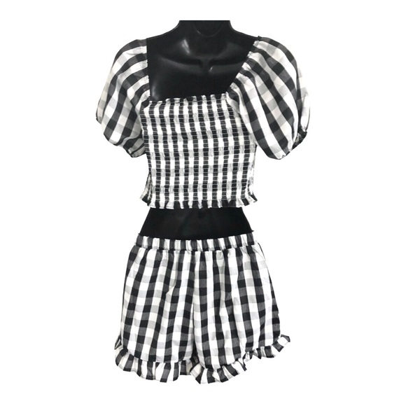 2pc black white checkered gingham ruffle hem smocked top printed shorts set sz S - Picture 11 of 12